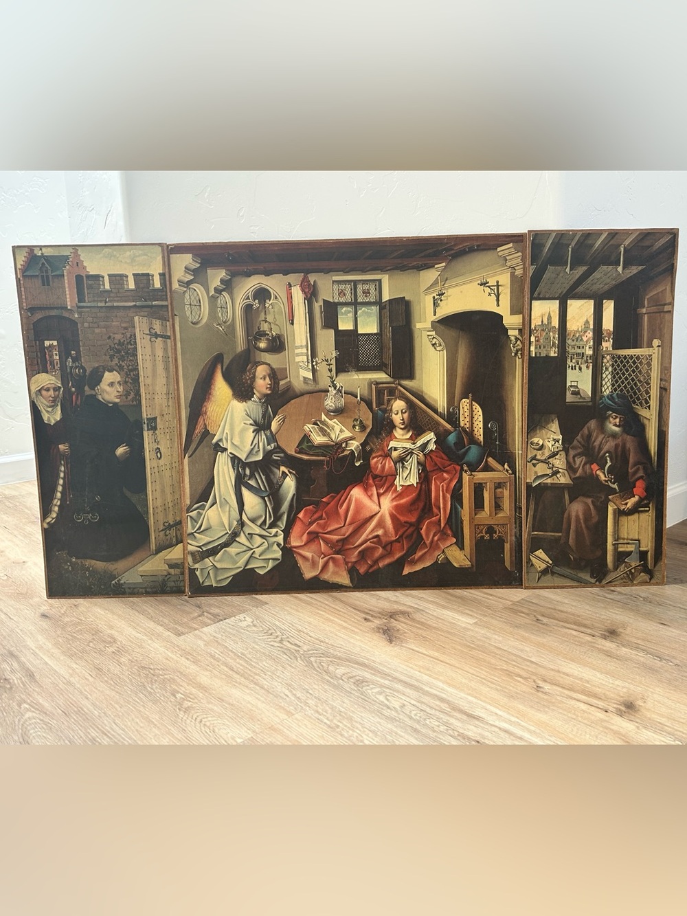 Vintage Merode Altarpiece Triptych Wood Panel Art Robert Campin Annunciation